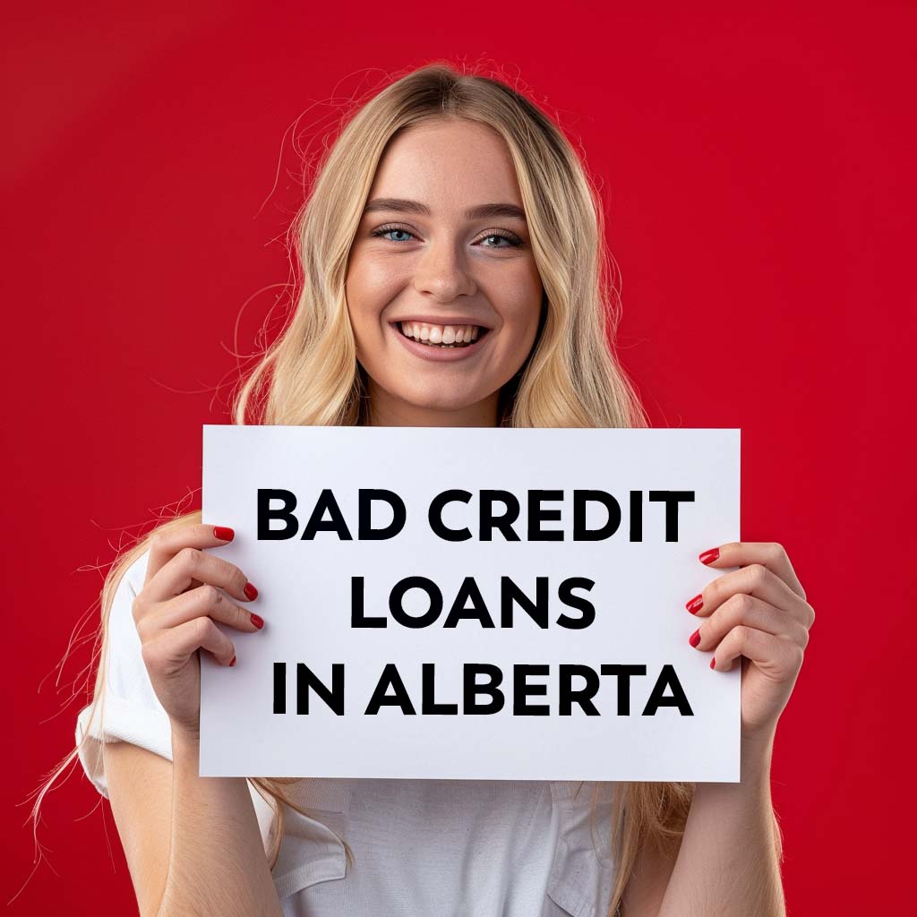 A blonde woman holding up a sign saying, "Bad Credit Loans in Alberta"