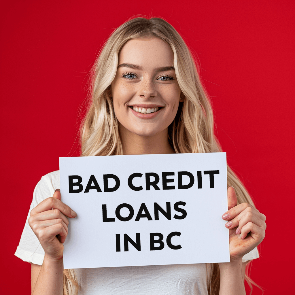 A blonde woman holding up a sign saying, "Bad Credit Loans in BC"