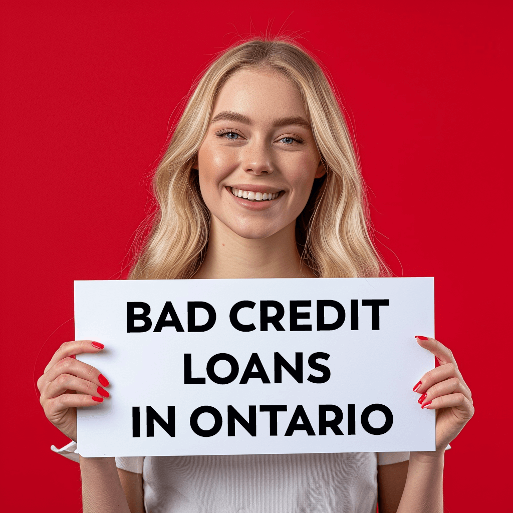 A blonde woman holding up a sign saying, "Bad Credit Loans in Ontario"