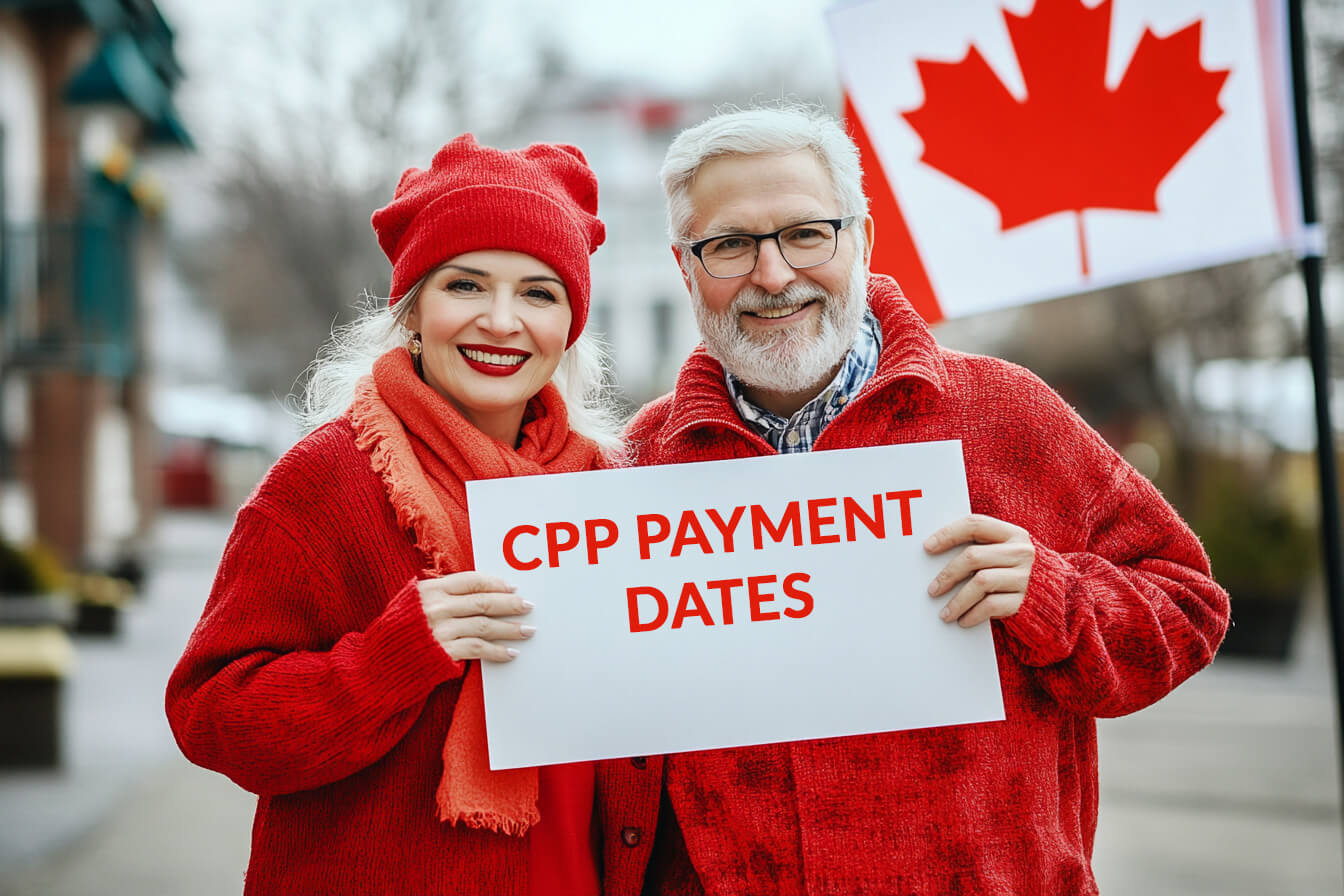 Elderly couple holding "CPP Payment Dates 2024" sign, smiling. Represents increased benefits, contributions, and pension planning.