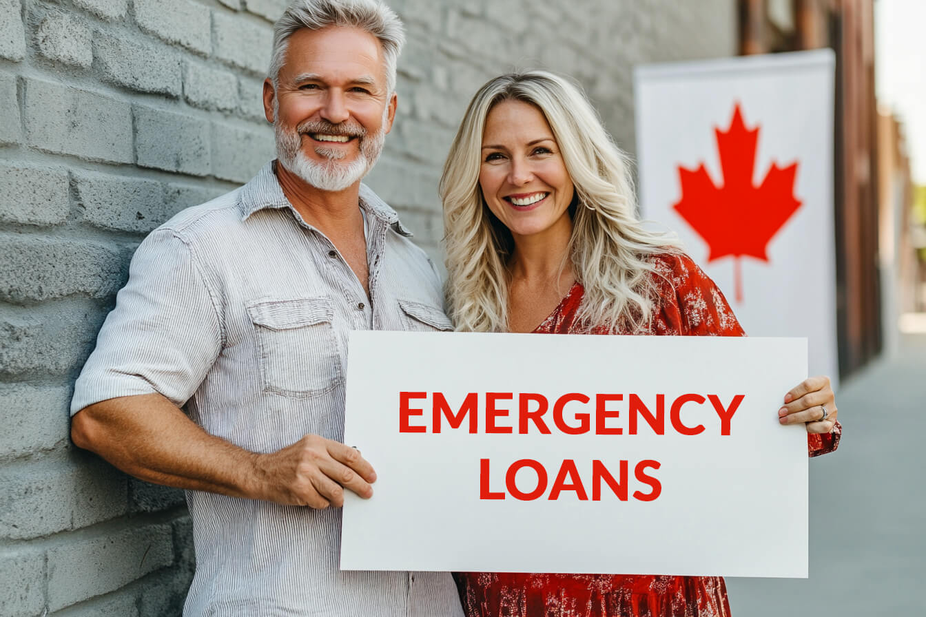 Couple holding sign "Emergency Loans in Canada" from Focus Cash Loans