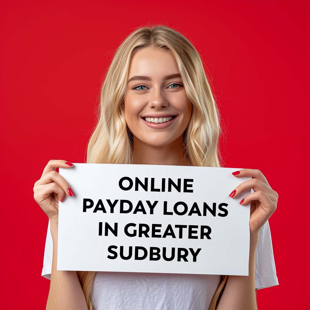 A blonde woman holding up a sign saying, "Online Payday Loans in Greater Sudbury"