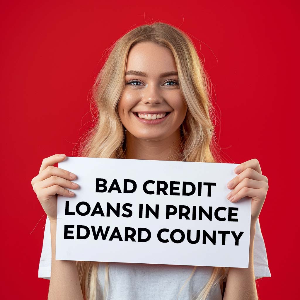 A blonde woman holding up a sign saying, "Online Payday Loans in Prince Edward County"