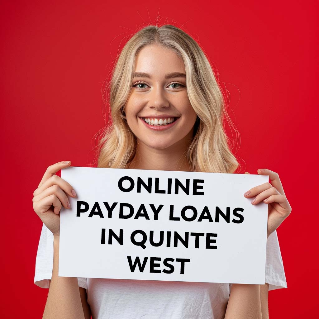 A blonde woman holding up a sign saying, "Online Payday Loans in Quinte West"